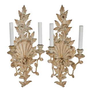 Pair of Italian Carved Wood Wall Sconces With Seashells For Sale