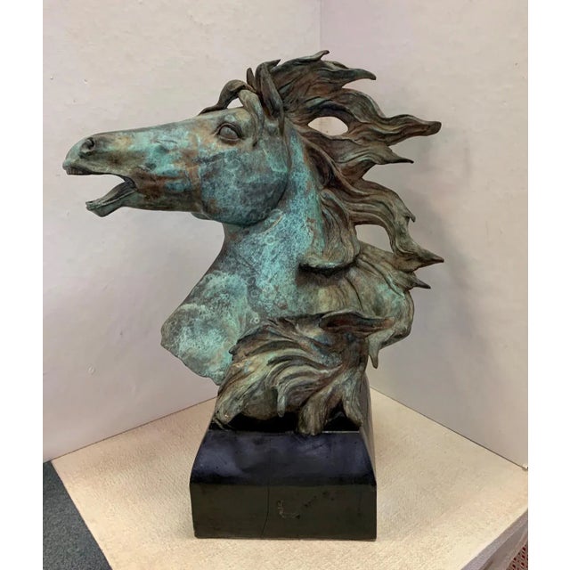 Original Bronze Mustang Bust Sculpture With Verdigris Finish For Sale - Image 9 of 12