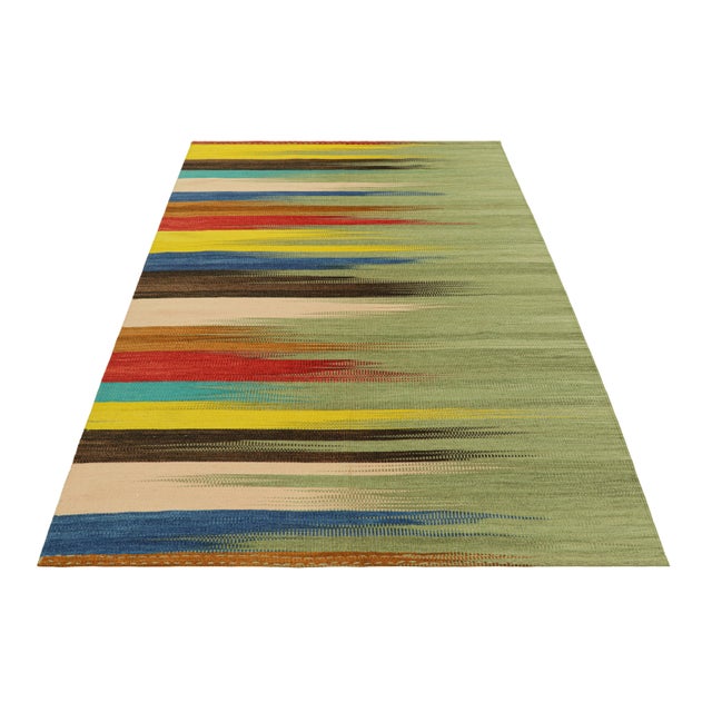 Rug & Kilim Rug & Kilim’s Contemporary Kilim in Green With Colorful Geometric Patterns For Sale - Image 4 of 8