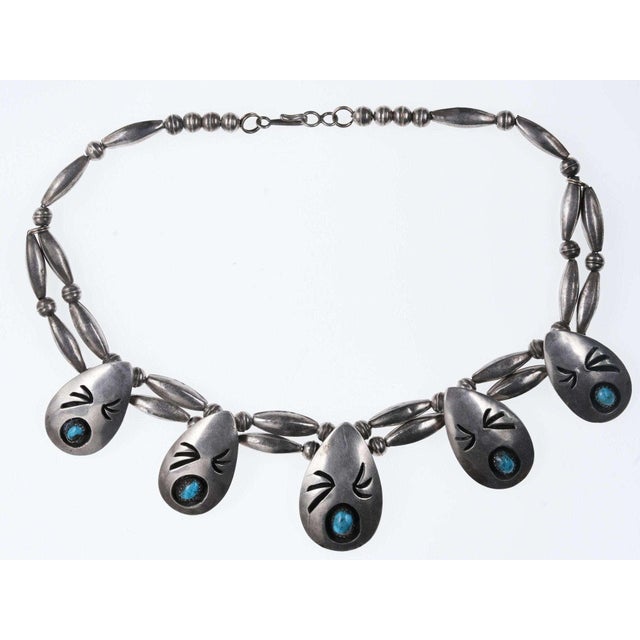 Vintage E.M. White Native American Silver/turquoise shadowbox necklace 16" long, tested sterling, no damage. 57.7 grams.