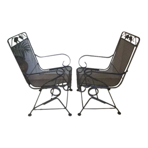 1960s Russell Woodard Style Sculpture Black Wire Spring Recliner Patio Chairs - Set of 2