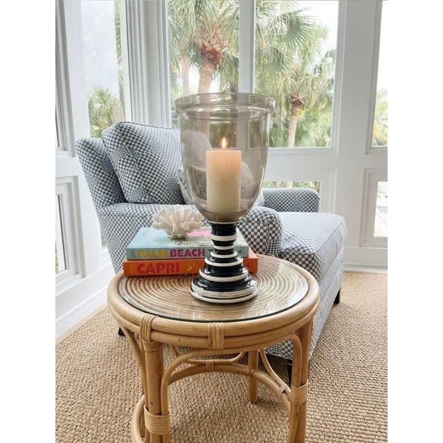 Glass Vintage Smoked Glass Hurricane Candle Holder With Black & White Bone Inlay Base For Sale - Image 7 of 12