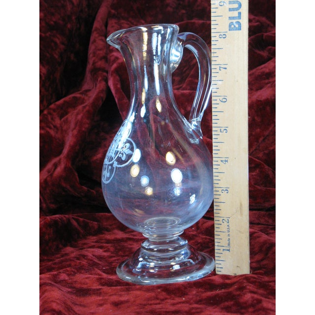 Glass Pitcher Antique Mouth Blown Hand Cut Fleur de Lis Engraved Clear Ca.1860's For Sale - Image 9 of 12