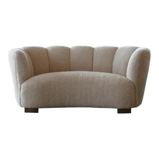 Danish 1940's Banana Shaped Curved Loveseat or Sofa Covered in Lambswool For Sale