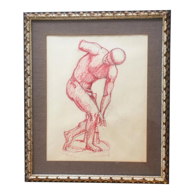 Vintage Original Red Ink Male Life Drawing For Sale