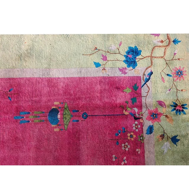 1920s Raspberry Pink Open Field Floral Antique Chinese Art Deco Carpet Wool Rug For Sale - Image 9 of 12