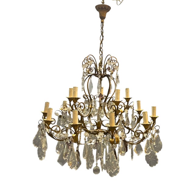 Large Florentine Tole Chandelier with Murano Glass Flowers, Italy, 1950s For Sale