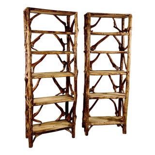 Pair Mid-Century Tall Rustic Adirondak-Style Bookcase For Sale