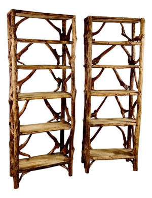Pair Mid-Century Tall Rustic Adirondak-Style Bookcase