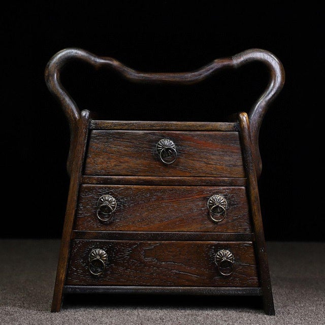 Wood Vintage Chinese Huali Rosewood Three-Drawer Tiered Box With Handle For Sale - Image 7 of 9