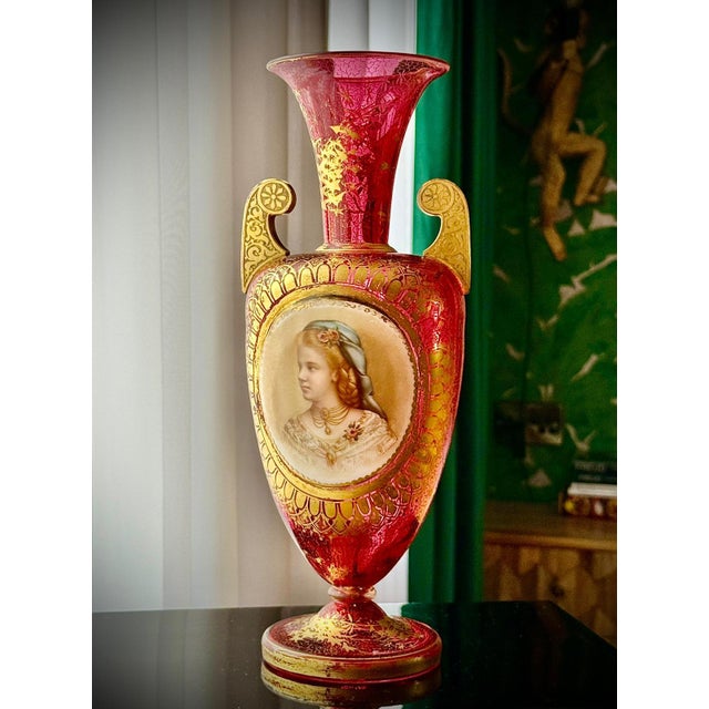 Boho Chic Bohemian Ruby Cranberry Glass Urn Vase from Moser, 1880 For Sale - Image 3 of 18
