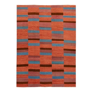 Modern Kilim Flatweave Orange Geometric Abstract Wool Rug For Sale