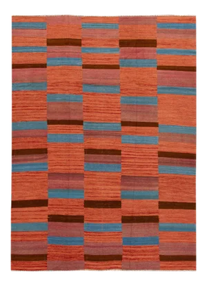 Modern Kilim Flatweave Orange Geometric Abstract Wool Rug