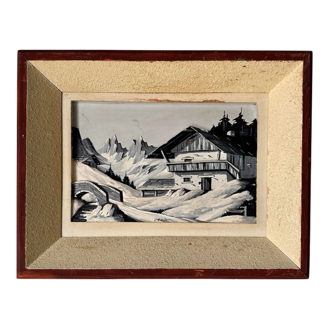 1970s Vintage Carved Wood Relief Winter Landscape Painting, Signed For Sale