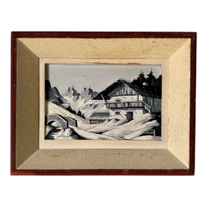 1970s Vintage Carved Wood Relief Winter Landscape Painting, Signed