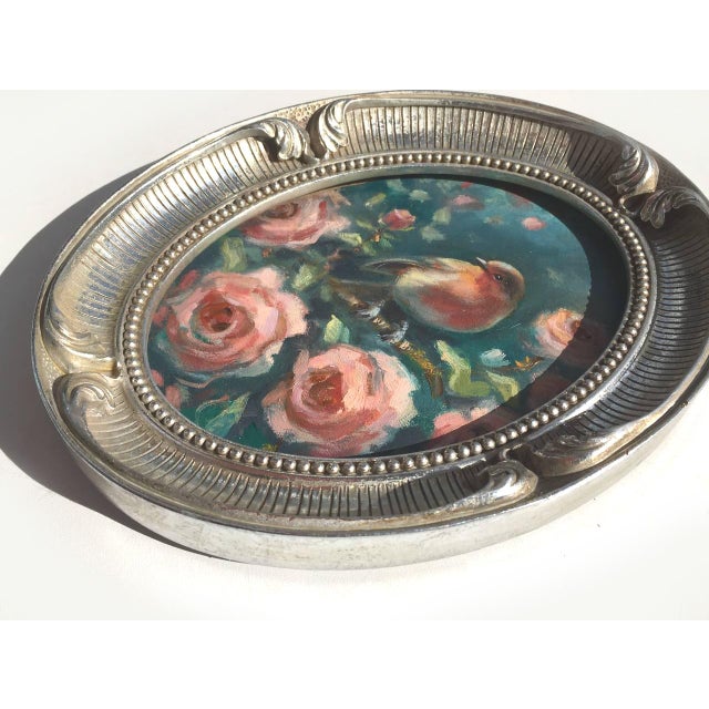 Stone Framed Original Painting Robin Bird Roses Oval Wall Decor by Artist Valeriya Serova For Sale - Image 7 of 9