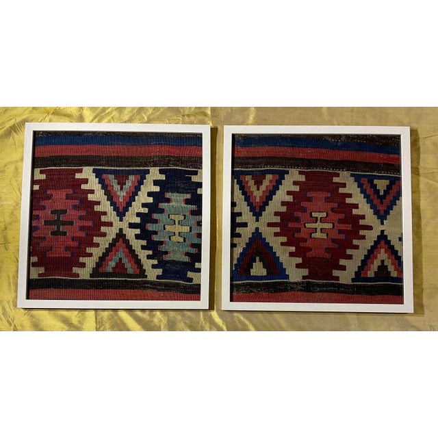 Beautiful pair of wall hanging ,hand woven textile , geometric motifs ,professionally mounted on solid hand painted wood...