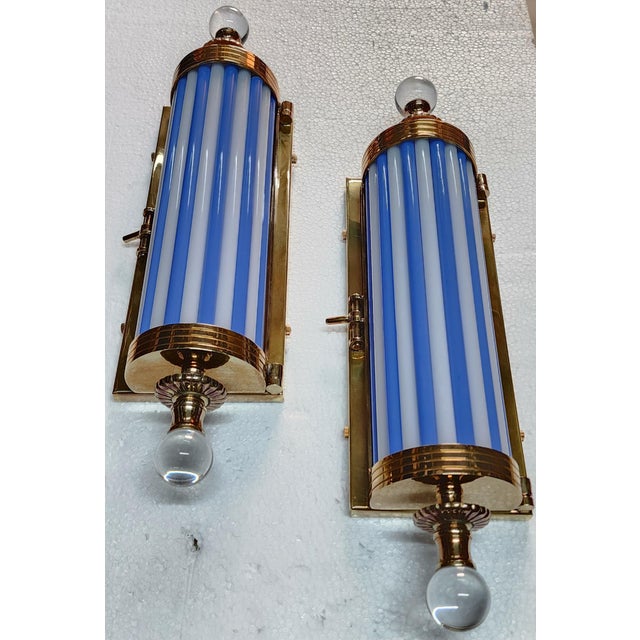 Pair of 1940s Vintage Art Deco Brass & Milk Blue Glass Rod Wall Sconces Metro Light For Sale - Image 4 of 7