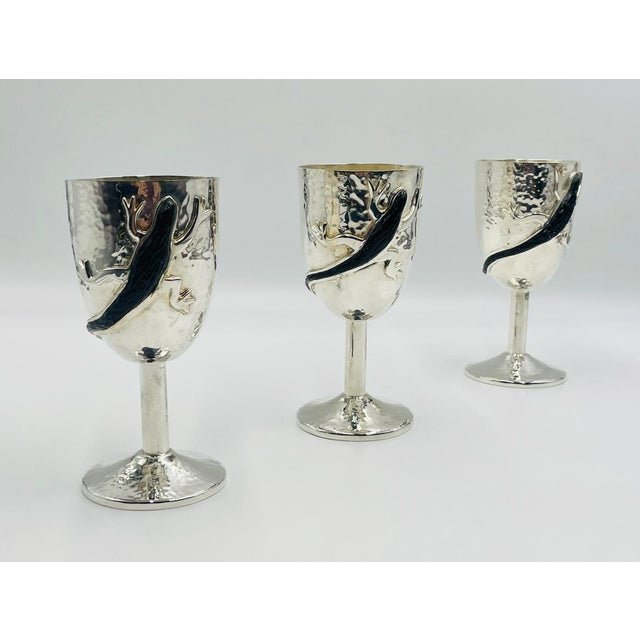 1980s Set of 3 Emilia Castillo Silver Plated Goblets With Black Onyx Lizards, Mexico For Sale - Image 9 of 15