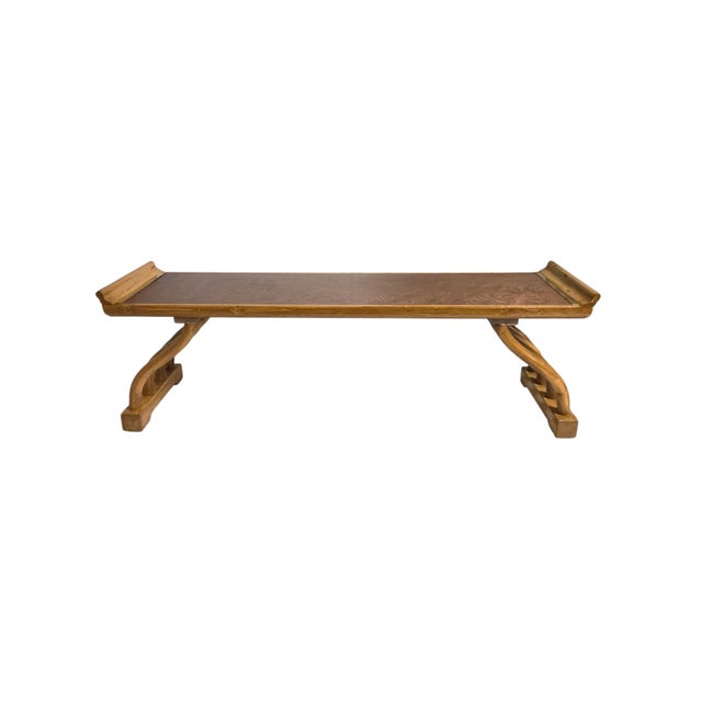 1960s Figured Wood Grain and Brass-Trimmed, Curved Leg Bench, Seat, Low Dining Zataku Table/Kotatsu, For Sale - Image 12 of 17