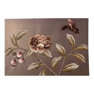 Hand‑Embroidered Chinoiserie Floral Butterfly Wallpaper Panel, Single Sample Panel 8''×12'' For Sale
