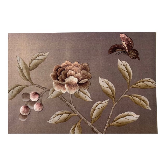 Hand‑Embroidered Chinoiserie Floral Butterfly Wallpaper Panel, Single Sample Panel 8''×12'' For Sale