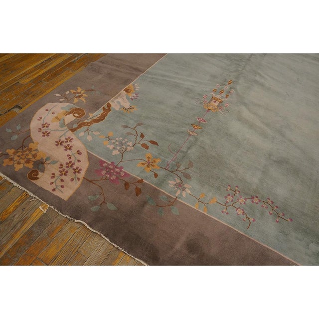 Textile 1920s Aqua Floral Modern Antique Chinese Art Rug 9' 0'' X 11' 4'' Handknotted Wool Carpet For Sale - Image 7 of 9