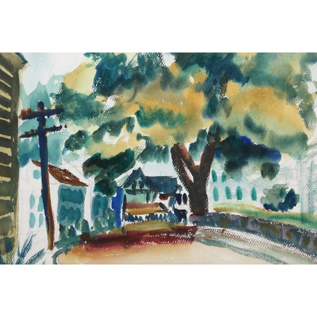 Eve Nethercott's watercolor rendering of a dirt road lined with Colonial houses in Rockport, Maine, emanates the quaint...