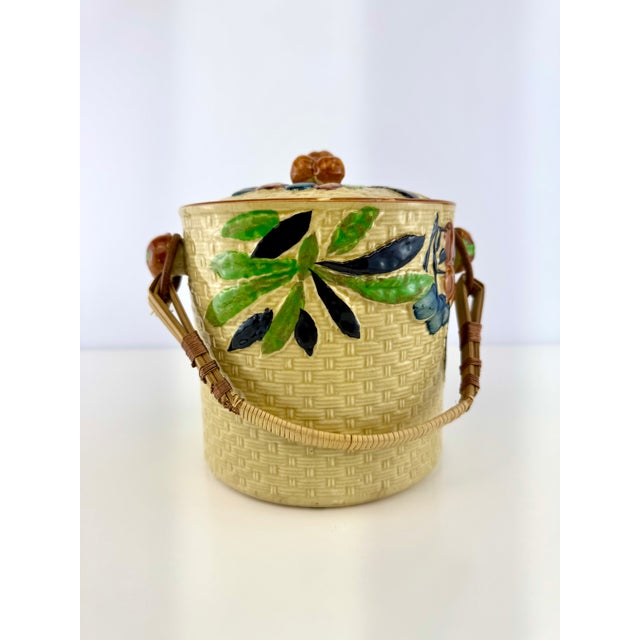 Vintage Japanese Majolica Fruit & Basket Weave Biscuit Jar With Rattan Handle For Sale In Little Rock - Image 6 of 13