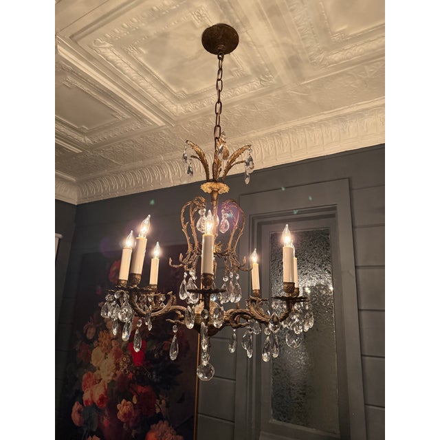 1960s Vintage Brass Chandelier Ornate Eight Lights With Crystals For Sale - Image 5 of 8