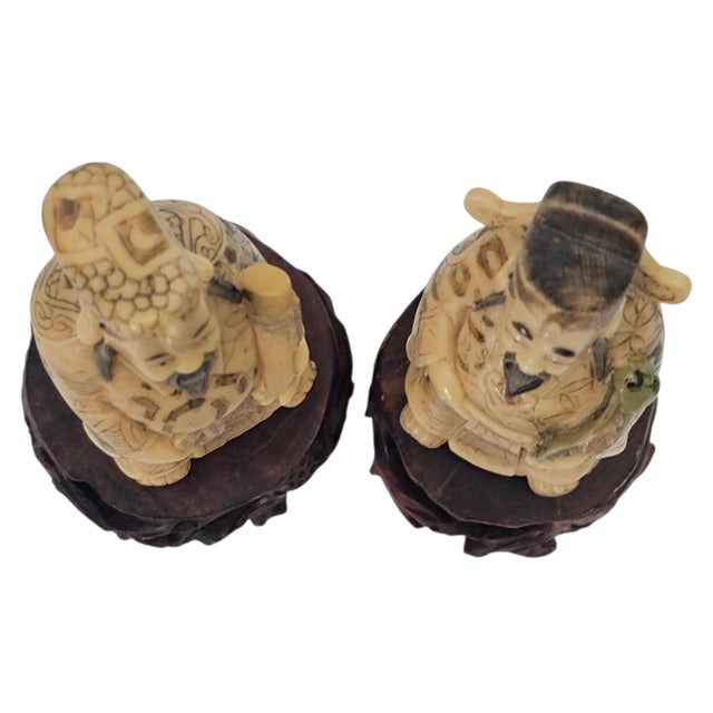 Pair Chinese Scholar and Deity Figures on Carved Hardwood Stands 3.25" For Sale - Image 4 of 10