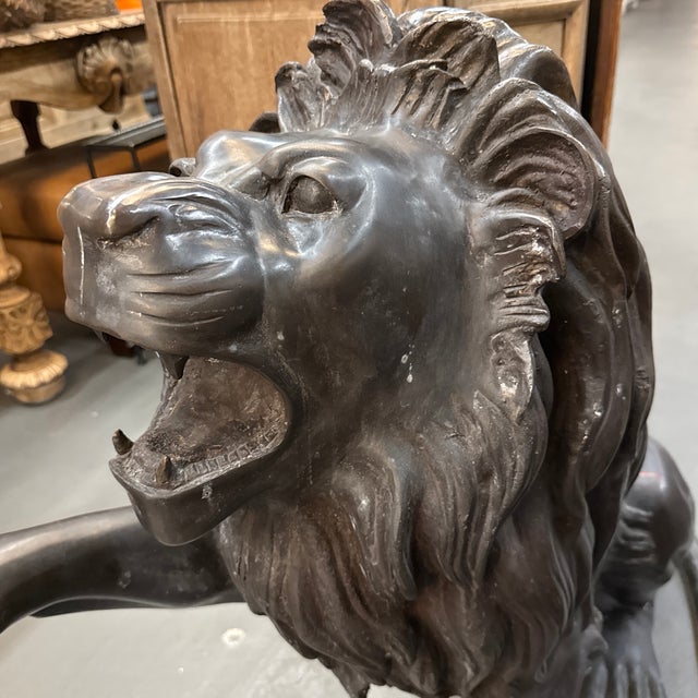 Metal Pair of Patinated Bronze Lions For Sale - Image 7 of 7
