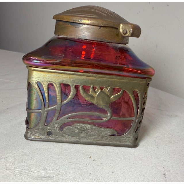 Antique Carl Stolzle Austrian Art Nouveau Red Glass Bronze Writing Inkwell Jar For Sale - Image 11 of 18