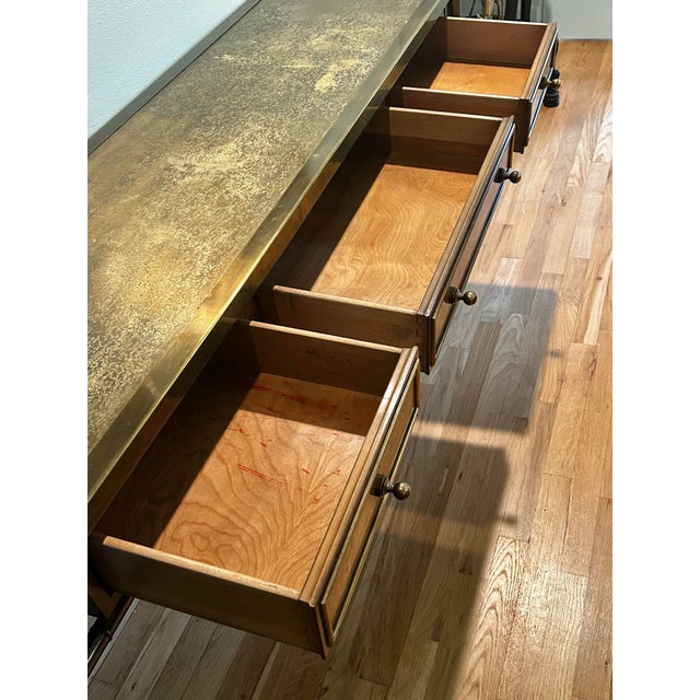 1970’s Mastercraft Attributed Brass Clad Faux Bamboo and Burl Wood 3 Drawer Console Table For Sale - Image 11 of 13