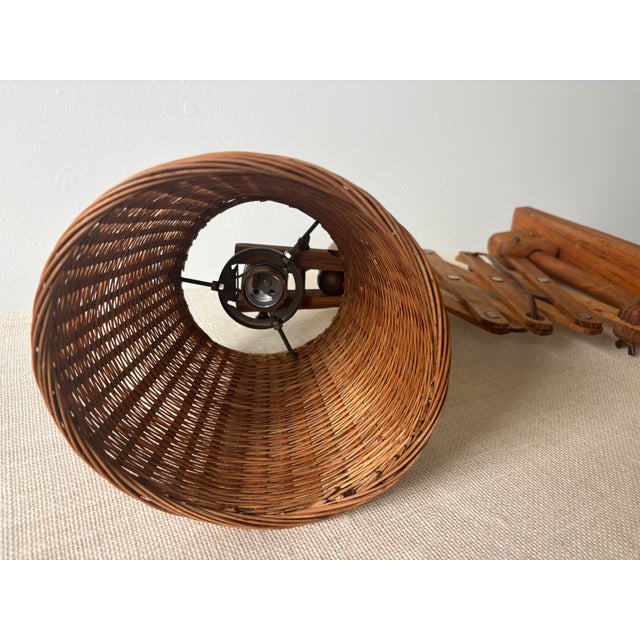 Vintage Wood Scissor Lamp Danish Style W/ Wicker Shade For Sale - Image 14 of 15