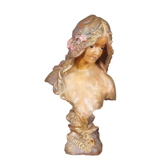 Large mid to early 20th century Art Nouveau style painted chalkware bust titled Le Printemps (Spring) after H. L. Bläsche...