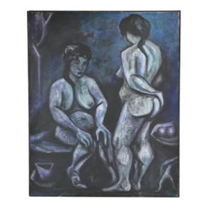 Vintage Mid-Century Modern Blue Oil Painting Pair of Nude Women Standing