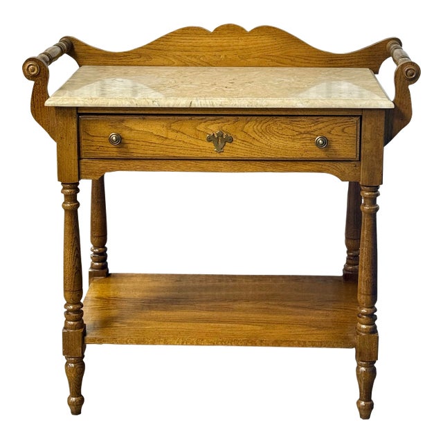 Late 20th Century Stone Top Oak Victorian Style Sever / Wash Stand For Sale