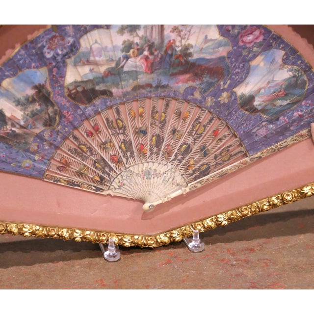 Paper 19th Century French Hand-Painted Fan With Carved Bone Handle in Frame For Sale - Image 7 of 9