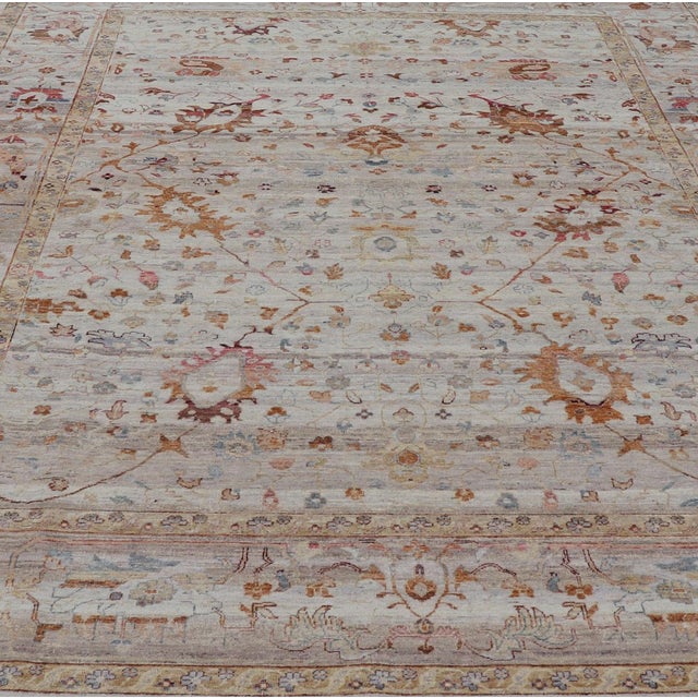 Modern Oushak Muted Rug in Earthy Tones on a Cream Background 10'1 X 14'1 For Sale - Image 4 of 12