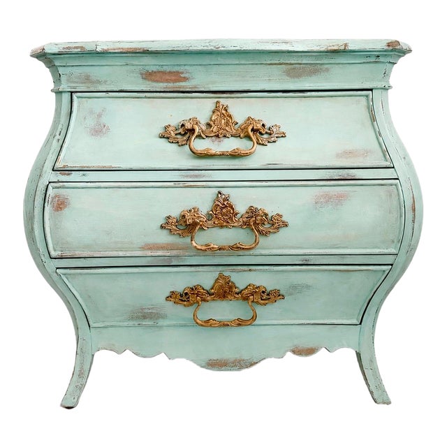 Vintage Turquoise Bombé Nightstand / Curved 3 Drawer Chest – French Provincial For Sale