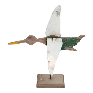 Vintage Painted Tin and Carved Wood Duck Whirligig on Stand