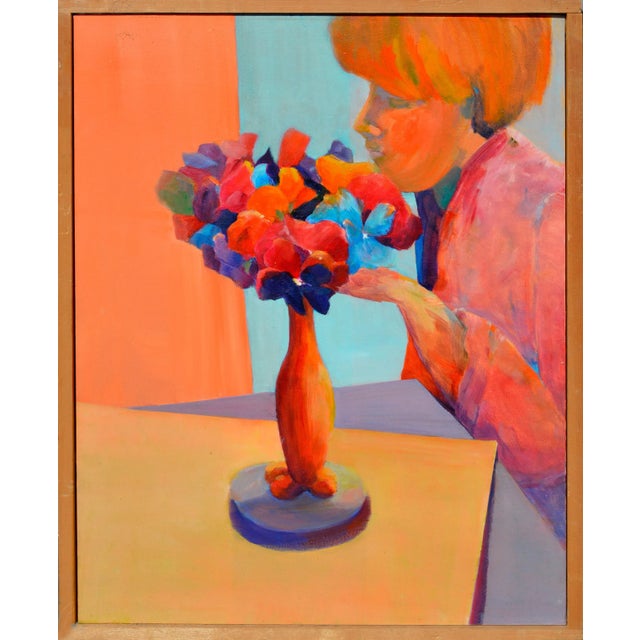 Textile Impressionist Woman with Flowers Figurative Oil on Canvas 1980 For Sale - Image 7 of 7