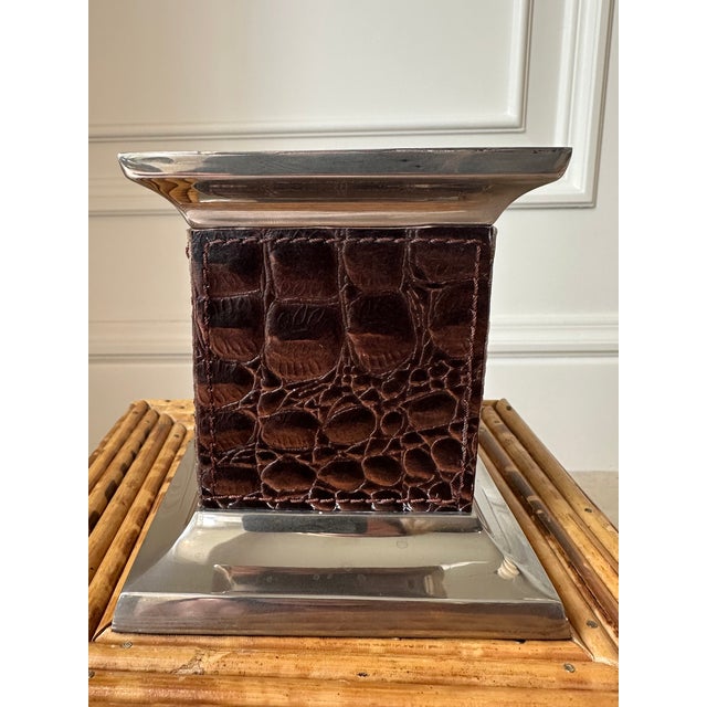 1990s Vintage Leather and Silverplate Ralph Lauren Style Pillar Candleholder For Sale - Image 5 of 18