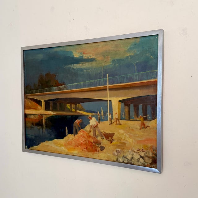 Wood French School, Bridge Workers, 1950s, Oil on Canvas, Beech and Silver For Sale - Image 7 of 7