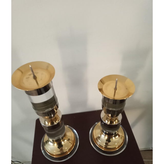 Mid-Century Modern VTG Pair of Hollywood Regency/MCM Brass and Lucite Candlestick Holders Extra Large For Sale - Image 3 of 5