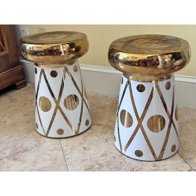 Contemporary Hollywood Regency Style Ceramic Mushroom Side Tables With Gold Harlequin & Polka Dot Pattern - A Pair For Sale - Image 3 of 9