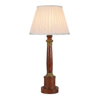 Vintage Neoclassical Style Turned Wood Column Table Lamp, Brass Collar Accents For Sale