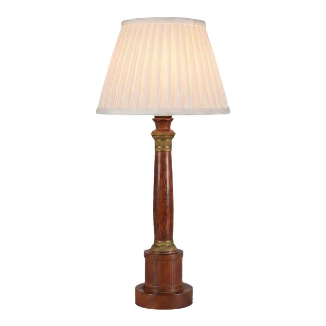 Vintage Neoclassical Style Turned Wood Column Table Lamp, Brass Collar Accents For Sale