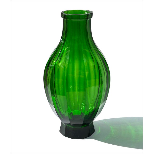 Vintage Facet Cut Emerald Green Czech Art Glass Vase For Sale - Image 9 of 9